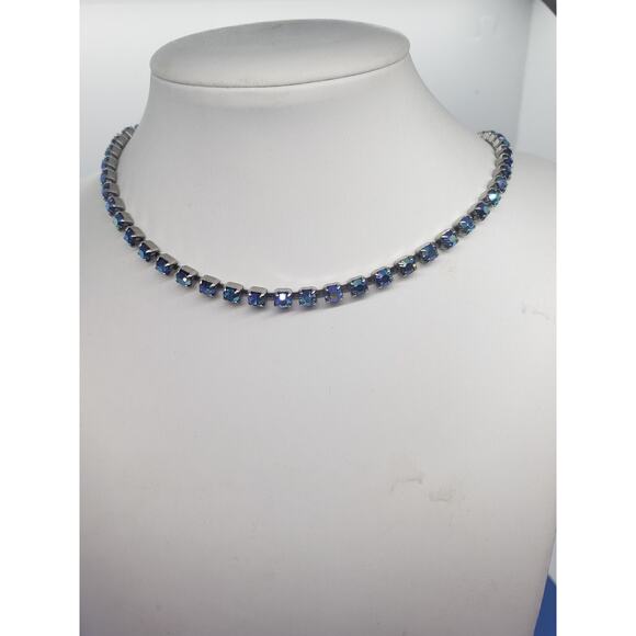 Vintage AB Aurora Borealis Blue Rhinestone Necklace Prong Set Hook Clasp Choker - Picture 7 of 7